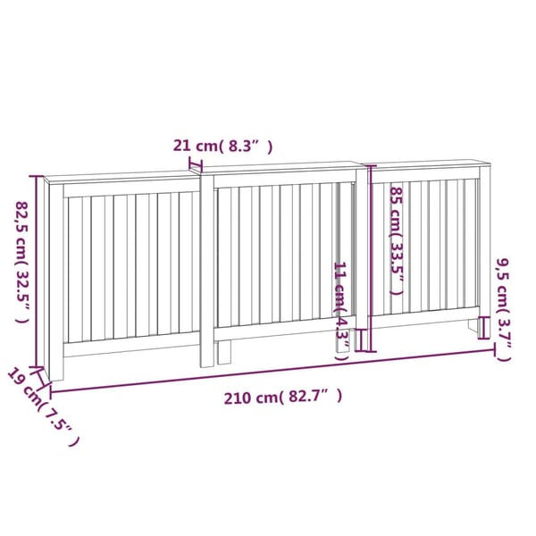 vidaXL Radiatordeksel hvit 210x21x85 cm heltre furu