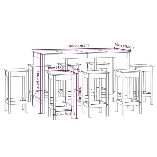 vidaXL Barsett 9 deler hvit heltre furu
