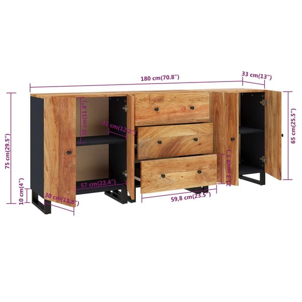 vidaXL 3 st Sideboards massivt trä akacia