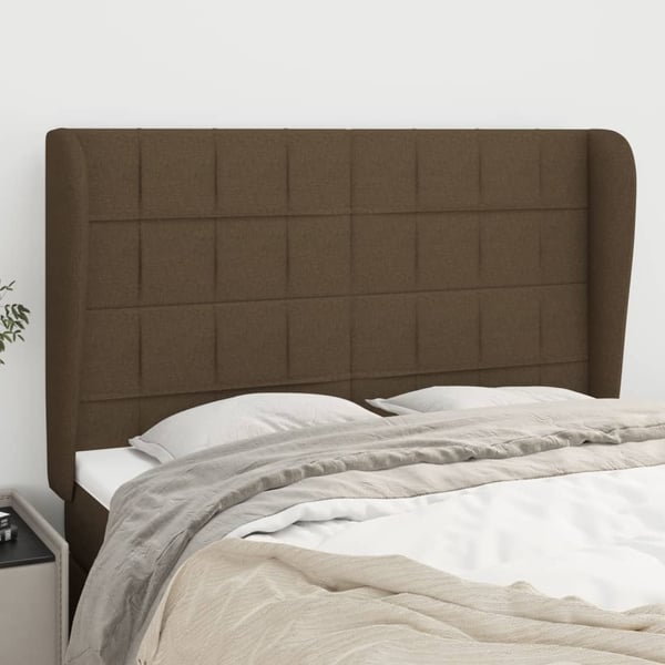 vidaXL sengegavl med kanter 147x23x118/128 cm stof mørkebrun