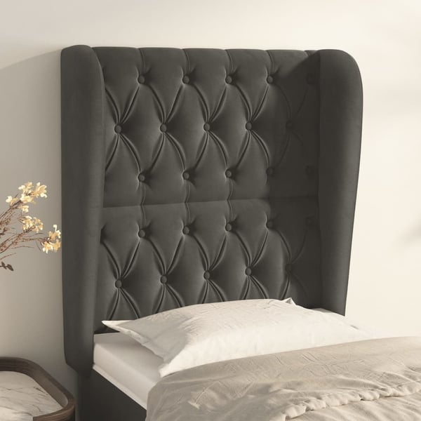 vidaXL sengegavl med kanter 83x23x118/128 cm fløjl mørkegrå