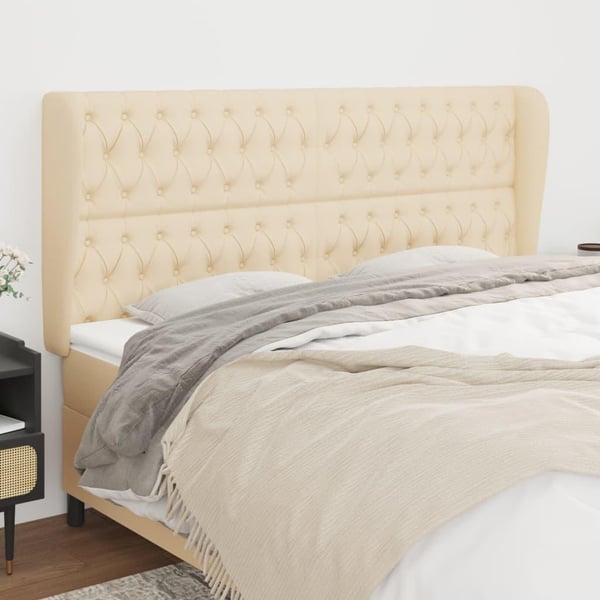 vidaXL sengegavl med kanter 203x23x118/128 cm stof cremefarvet