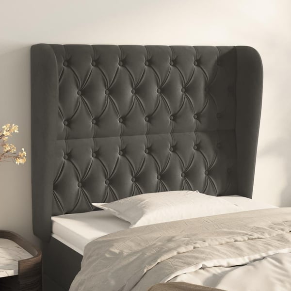 vidaXL sengegavl med kanter 93x23x118/128 cm fløjl mørkegrå