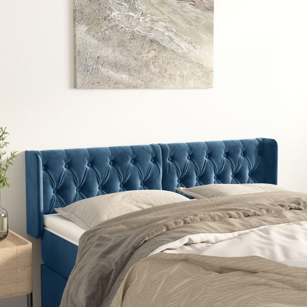 vidaXL sengegavl med kanter 163x16x78/88 cm fløjl mørkeblå