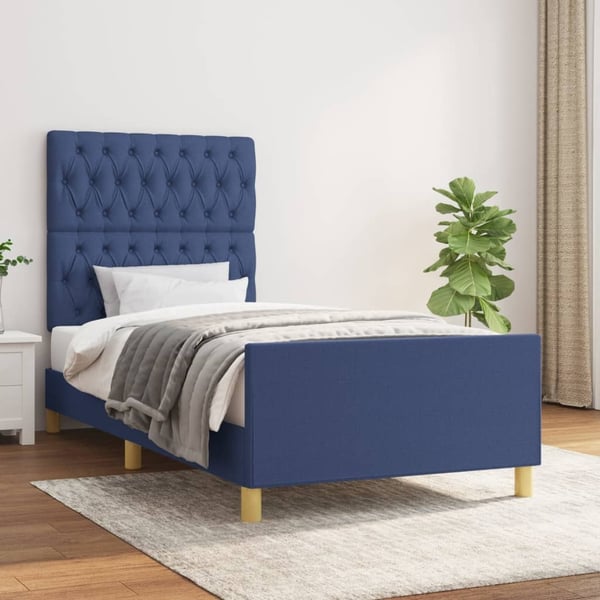 vidaXL sengeramme med sengegavl 90x200 cm stof blå