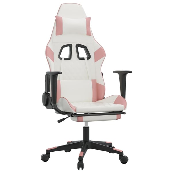 vidaXL Gamingstol med massage och fotstöd vit och rosa konstläder