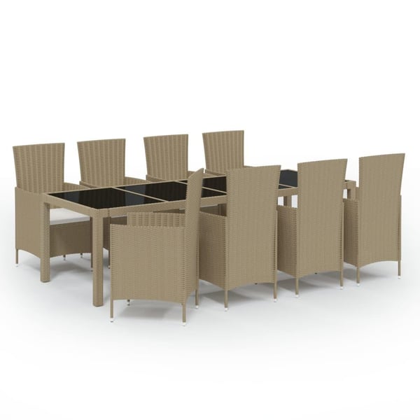 vidaXL udendørs spisebordssæt 9 dele med hynder polyrattan beige