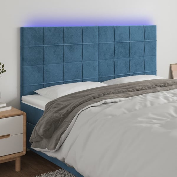 vidaXL sengegavl med LED-lys 180x5x118/128 cm fløjl mørkeblå