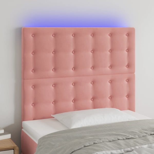 vidaXL sengegavl med LED-lys 80x5x118/128 cm fløjl lyserød