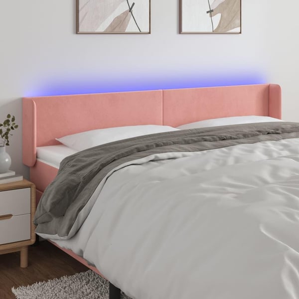 vidaXL sengegavl med LED-lys 163x16x78/88 cm fløjl lyserød