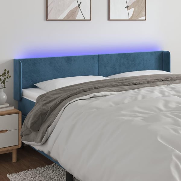 vidaXL sengegavl med LED-lys 183x16x78/88 cm fløjl mørkeblå