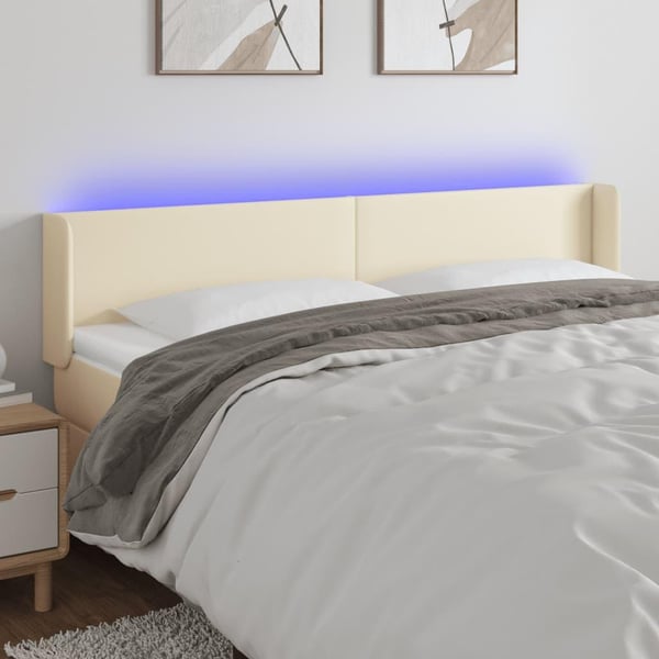 vidaXL sengegavl med LED-lys 163x16x78/88 cm kunstlæder cremefarvet