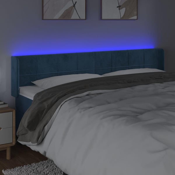 vidaXL sengegavl med LED-lys 183x16x78/88 cm fløjl mørkeblå