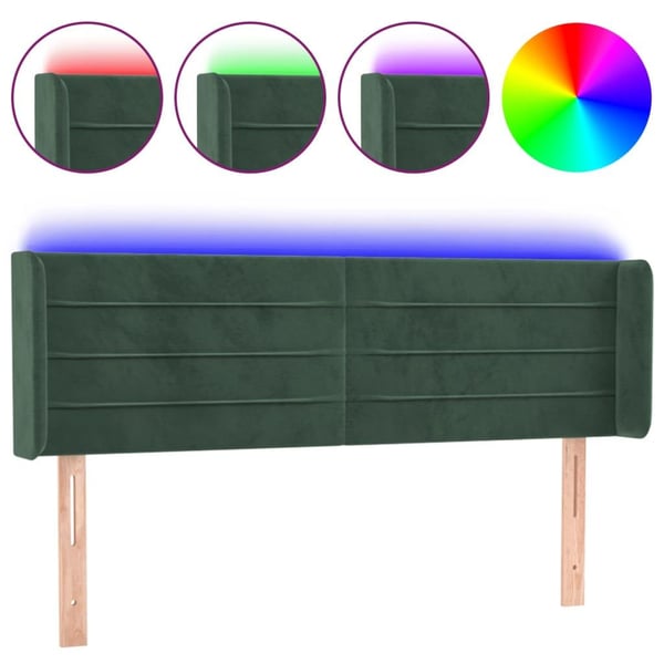 vidaXL sengegavl med LED-lys 147x16x78/88 cm fløjl mørkegrøn