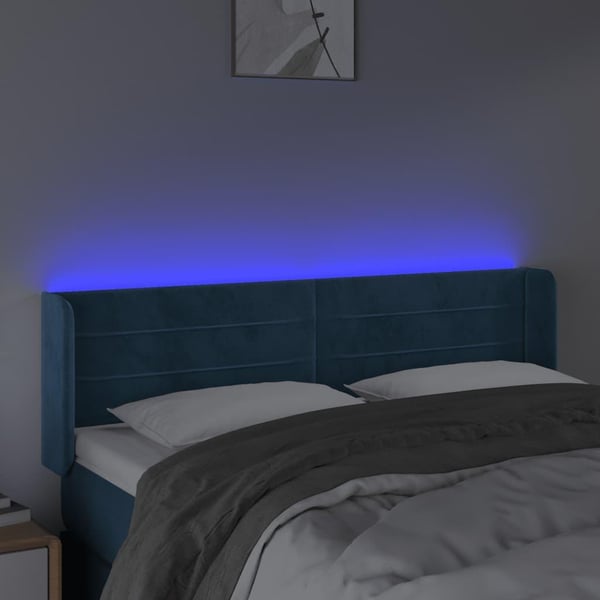 vidaXL sengegavl med LED-lys 147x16x78/88 cm fløjl mørkeblå