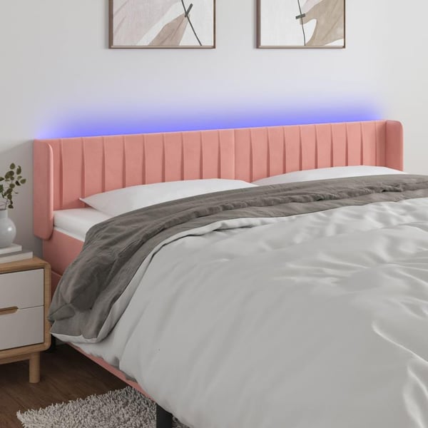 vidaXL sengegavl med LED-lys 163x16x78/88 cm fløjl lyserød