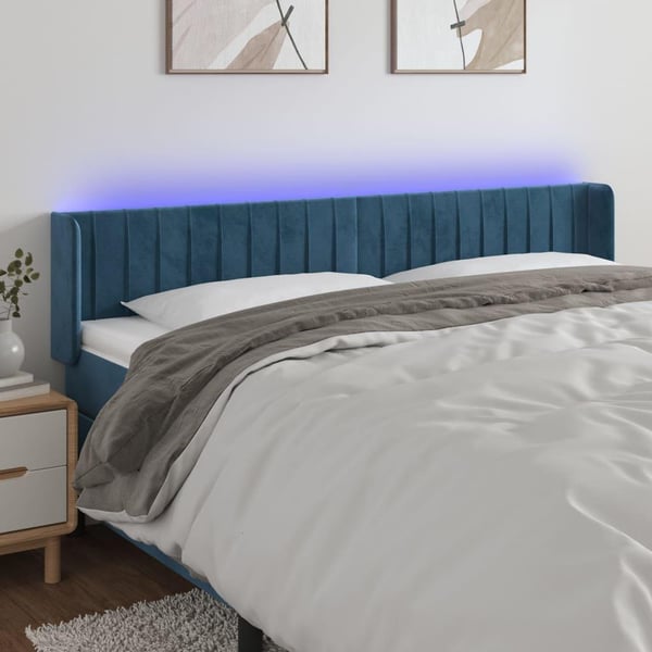 vidaXL sengegavl med LED-lys 163x16x78/88 cm fløjl mørkeblå