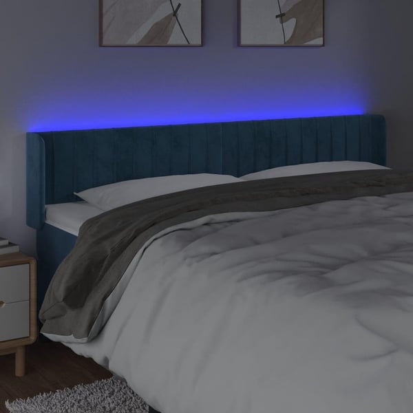 vidaXL sengegavl med LED-lys 183x16x78/88 cm fløjl mørkeblå