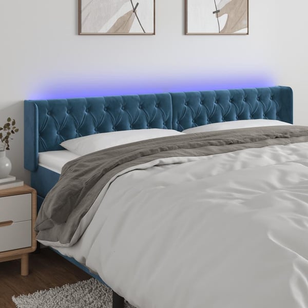 vidaXL sengegavl med LED-lys 183x16x78/88 cm fløjl mørkeblå