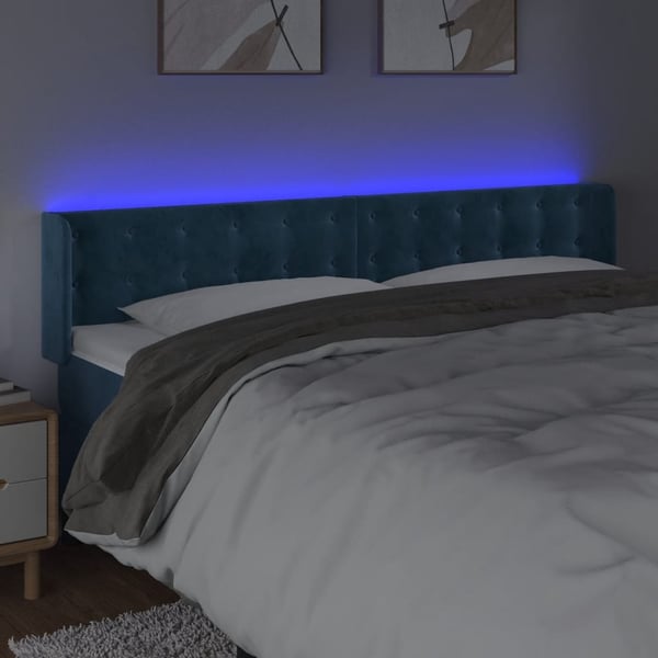 vidaXL sengegavl med LED-lys 163x16x78/88 cm fløjl mørkeblå