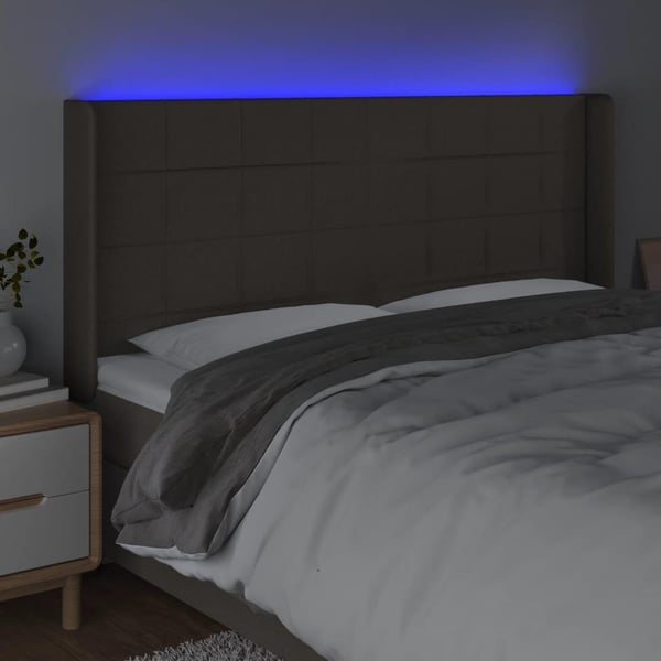 vidaXL sengegavl med LED-lys 203x16x118/128 cm stof gråbrun