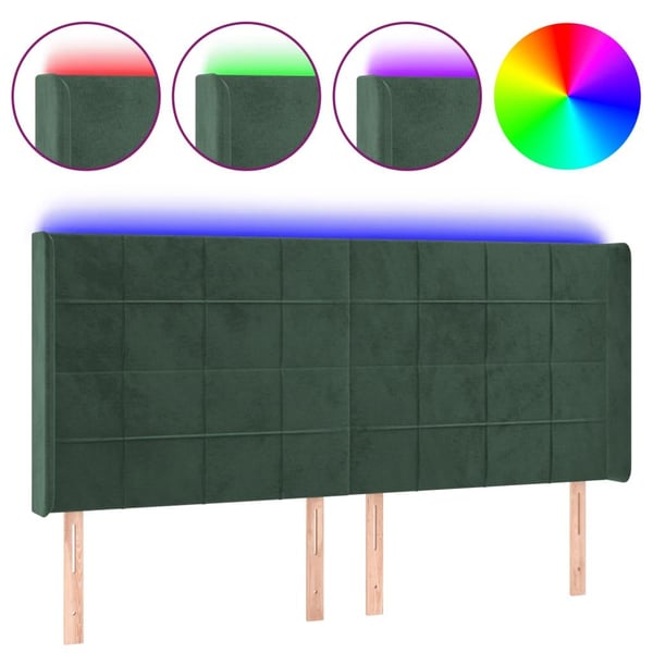 vidaXL sengegavl med LED-lys 183x16x118/128 cm fløjl mørkegrøn