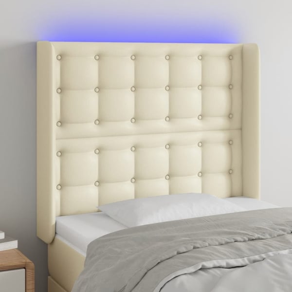 vidaXL sengegavl med LED-lys 93x16x118/128 cm kunstlæder cremefarvet