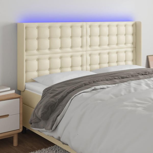 vidaXL sengegavl med LED-lys 183x16x118/128 cm kunstlæder cremefarvet