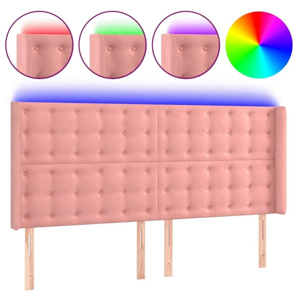 vidaXL sengegavl med LED-lys 163x16x118/128 cm fløjl lyserød