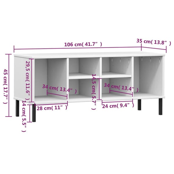 vidaXL Skohylle med metallben hvit 106x35x45 cm heltre OSLO
