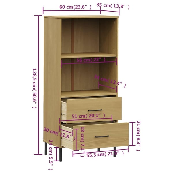 vidaXL Bokhylla med 2 lådor OSLO brun 60x35x128,5 cm massivt trä