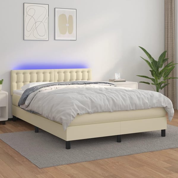 vidaXL kontinentalseng med LED-lys 140x190 cm kunstlæder cremefarvet