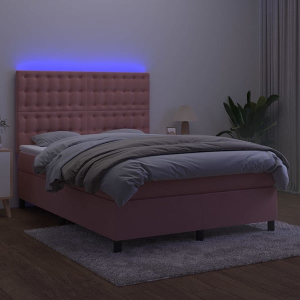 vidaXL kontinentalseng med LED-lys 140x200 cm fløjl lyserød