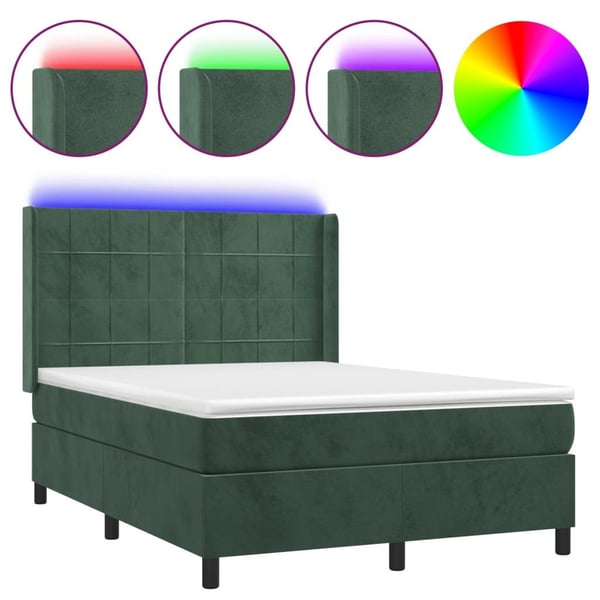 vidaXL Ramsäng med madrass & LED mörkgrön 140x190 cm sammet