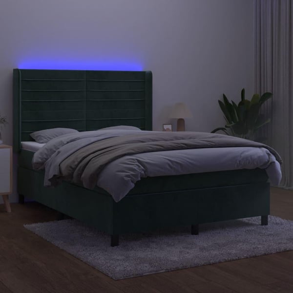 vidaXL kontinentalseng med LED-lys 140x190 cm fløjl mørkegrøn