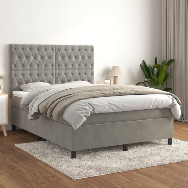 vidaXL kontinentalseng med madras 140x200 cm fløjl lysegrå