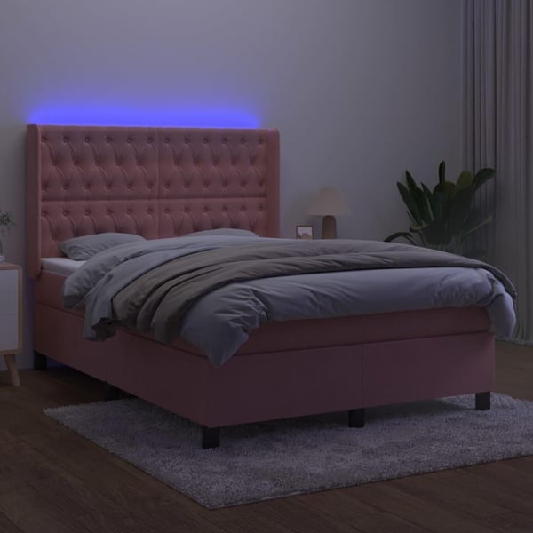 vidaXL kontinentalseng med LED-lys 140x200 cm fløjl lyserød