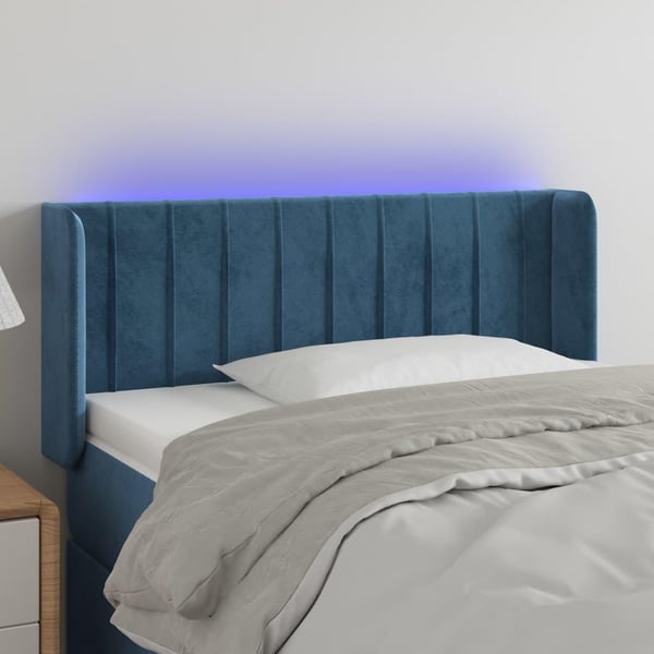 vidaXL sengegavl med LED-lys 83x16x78/88 cm stof Mørkeblå