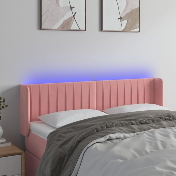 vidaXL sengegavl med LED-lys 147x16x78/88 cm fløjl lyserød
