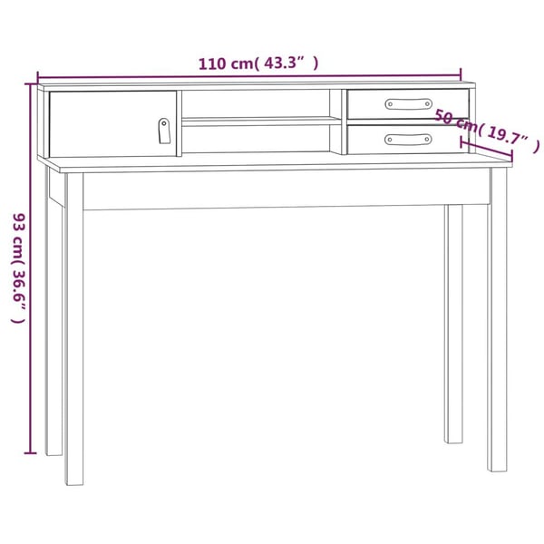 vidaXL Skrivebord hvit 110x50x93 cm heltre furu