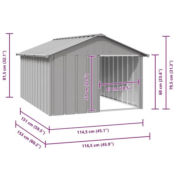 vidaXL hundehus 116,5x153x81,5 cm galvaniseret stål grå