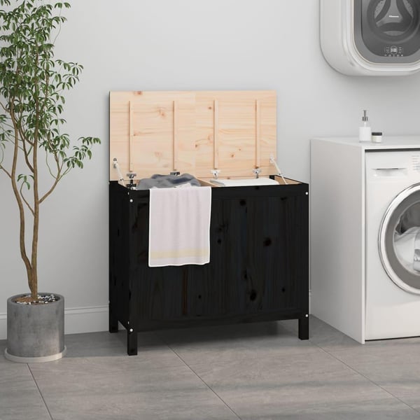 vidaXL vasketøjskurv 88,5x44x76 cm massivt fyrretræ sort