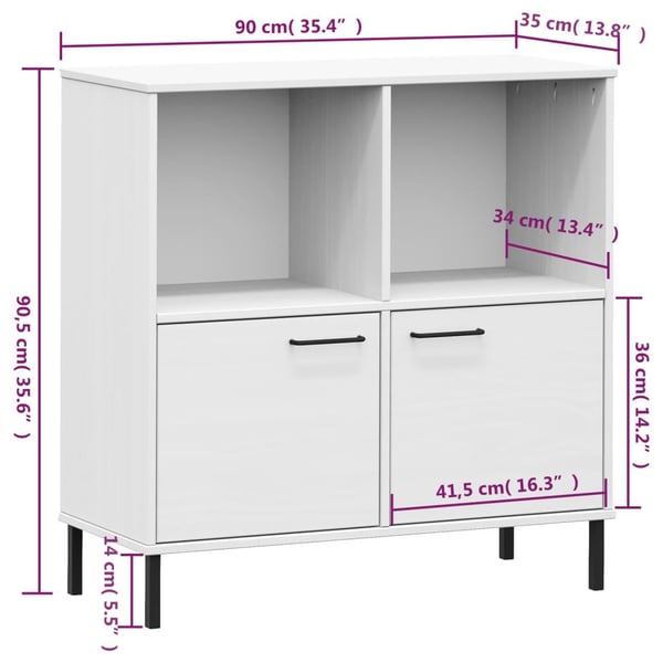 vidaXL bogskab med metalben OSLO 90x35x90,5 cm massivt træ hvid