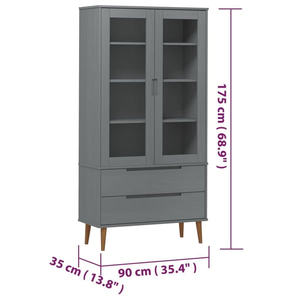 vidaXL Vitrine MOLDE grå 90x35x175 cm heltre furu
