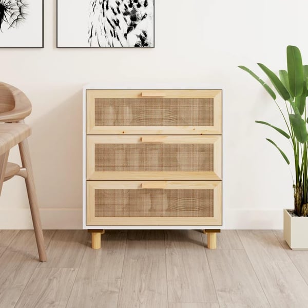 vidaXL Senkki valkoinen 60x30x70 cm täysi mänty ja luonnonrottinki