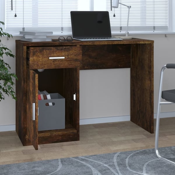 vidaXL Skrivebord skuff og skap røkt eik 100x40x73 cm konstruert tre