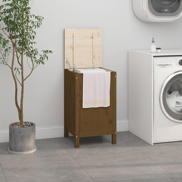 vidaXL vasketøjskurv 44x44x76 cm massivt fyrretræ gyldenbrun