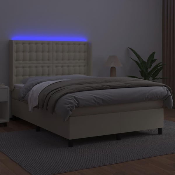 vidaXL kontinentalseng med LED-lys 140x190 cm kunstlæder cremefarvet