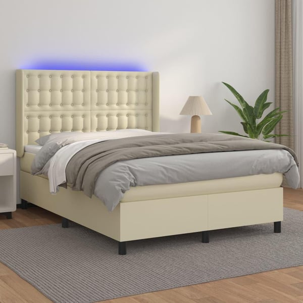 vidaXL kontinentalseng med LED-lys 140x190 cm kunstlæder cremefarvet