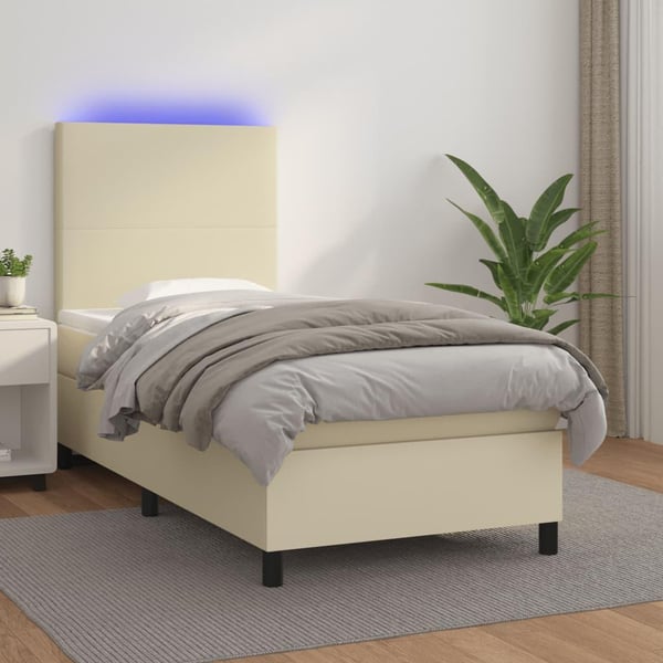 vidaXL kontinentalseng med LED-lys 90x190 cm kunstlæder cremefarvet